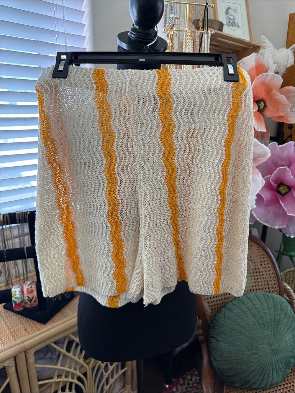 H&M Yellow & Cream Stripe Crochet Knit Nantucket Boho Preppy Pool Cover Shorts